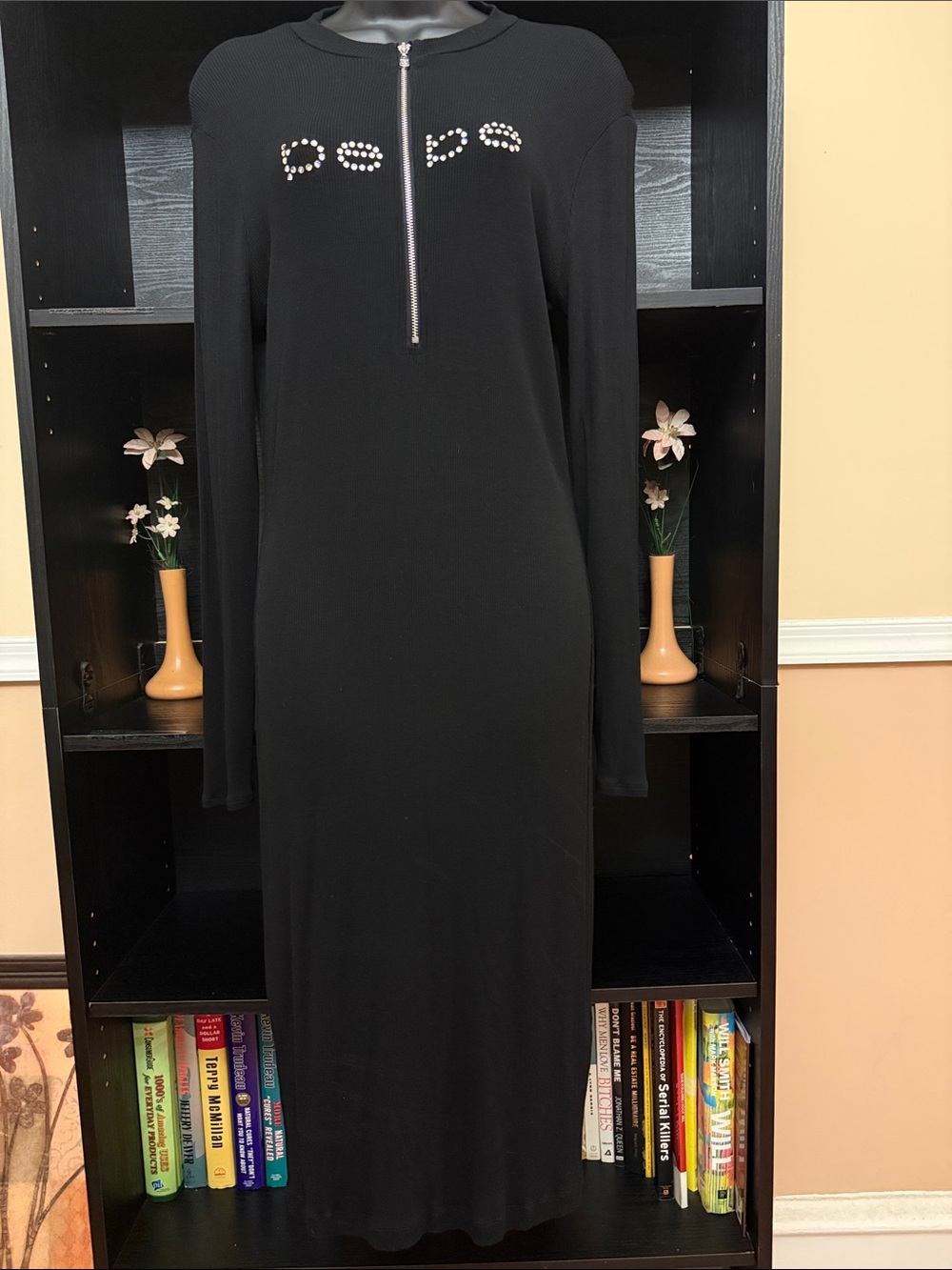 Bebe Black Long Sleeve Zip-Front Dress with Embellished Logo